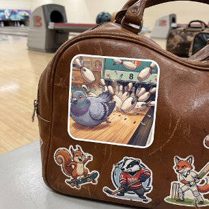 Funny Pigeon Bowling Strike Cartoon Art Square Sticker