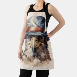 Funny pigeon wearing a cowboy hat, watercolor apron