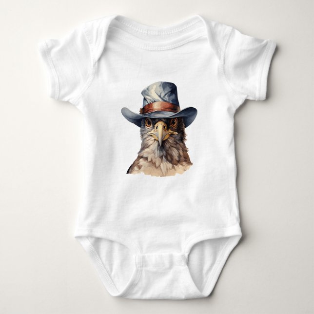 Funny pigeon wearing a cowboy hat, watercolor baby bodysuit (Front)