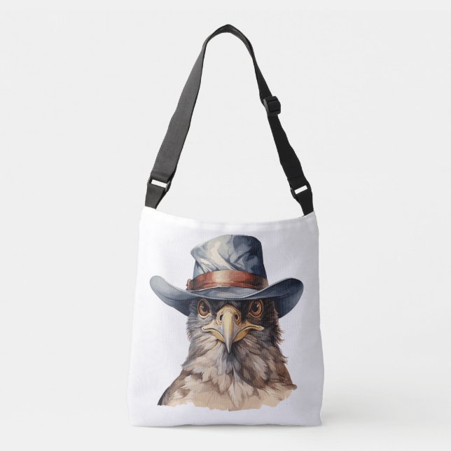 Funny pigeon wearing a cowboy hat, watercolor crossbody bag (Front)
