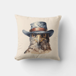 Funny pigeon wearing a cowboy hat, watercolor cushion