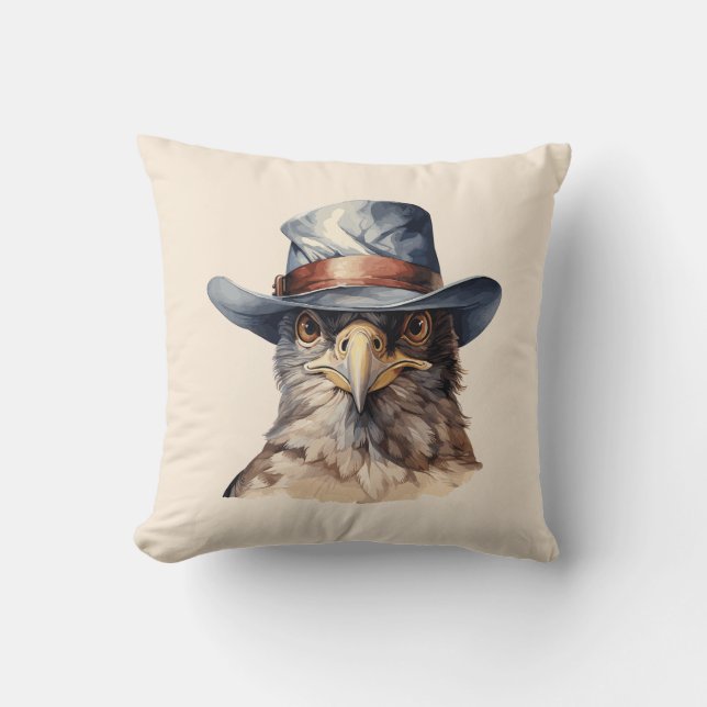 Funny pigeon wearing a cowboy hat, watercolor cushion (Front)