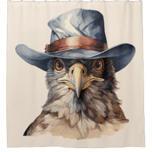 Funny pigeon wearing a cowboy hat, watercolor shower curtain