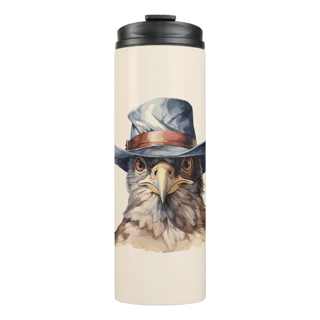 Funny pigeon wearing a cowboy hat, watercolor thermal tumbler (Front)