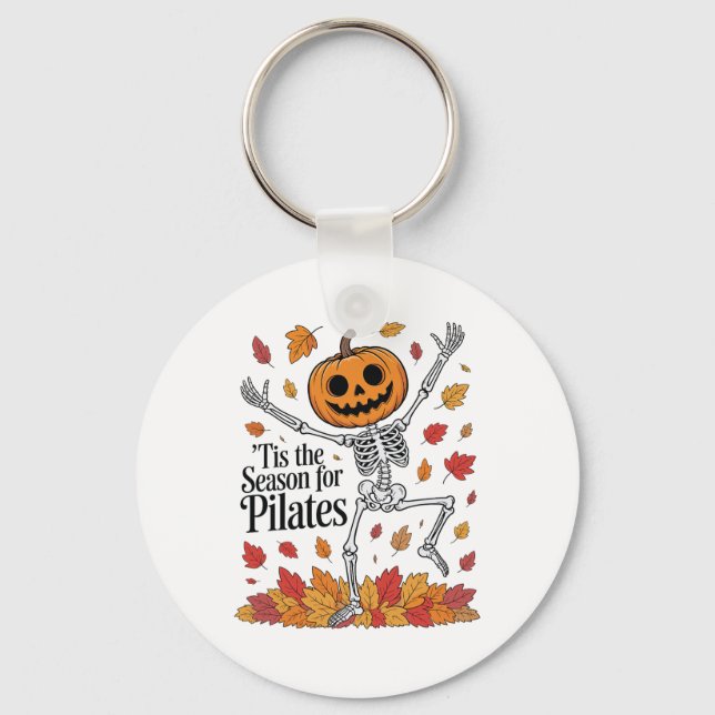 Funny Pilates Skeleton Pumpkin Yoga Halloween Fall Key Ring (Front)