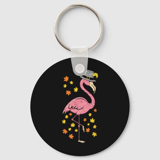 Funny Pilgrim Flamingo Thanksgiving Fall Autumn Co Key Ring (Front)