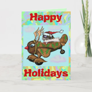 Funny pilot Santa on Rudolph plane Christmas card