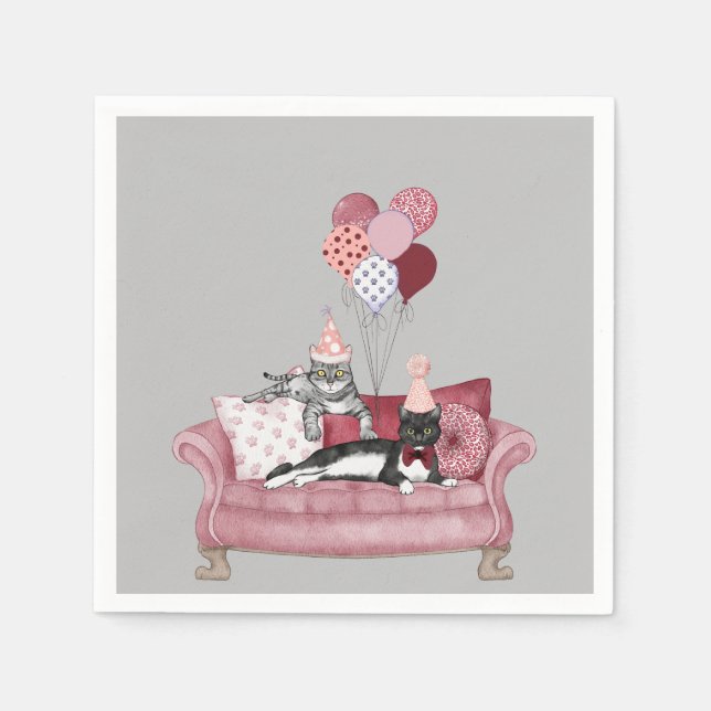 Funny Pink and Grey Party Cats Paper Napkin (Front)