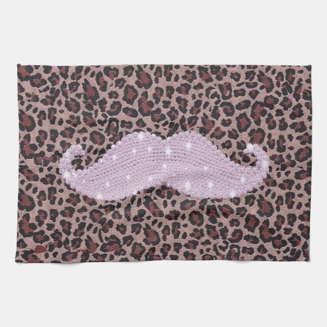 Funny Pink Bling Moustache And Animal Print Tea Towel (Horizontal)