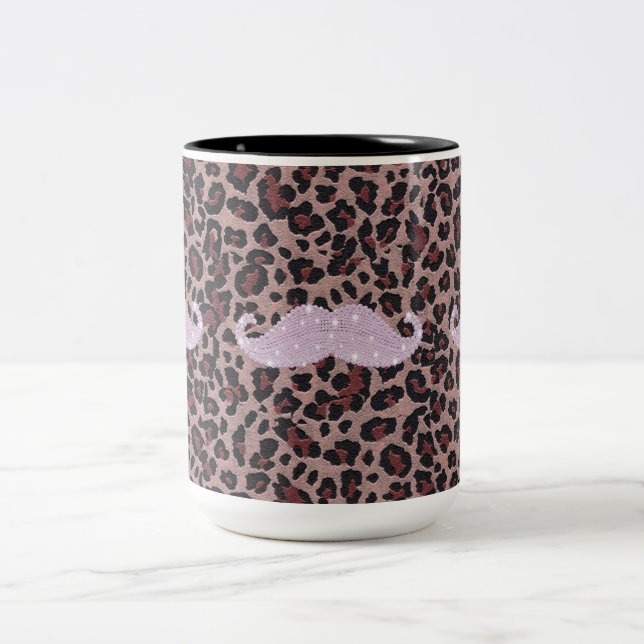 Funny Pink Bling Moustache And Animal Print Two-Tone Coffee Mug (Center)