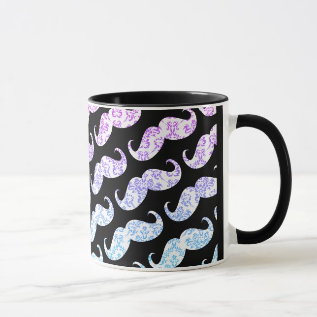 Funny Pink Blue Floral Damask Moustache Pattern Mug (Right)