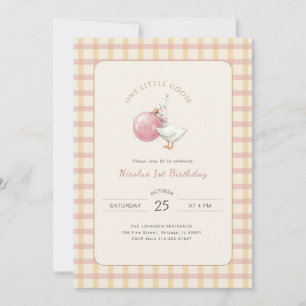 Funny Pink Bow One Little Goose 1st Birthday Party Invitation