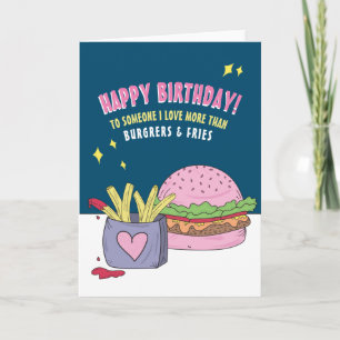 Funny Pink Burger and Fries Happy Birthday Card