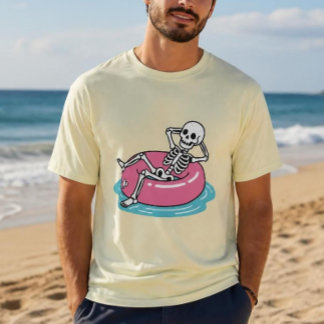 Funny Pink Cartoon Skeleton Lounging Float Ring Il T-Shirt