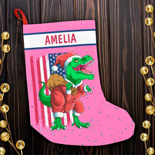 Funny Pink Christmas Santa TRex Tyrannosaurus Xmas Small Christmas Stocking (Front)