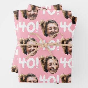 Funny Pink Custom Face Photo Birthday Age Wrapping Paper Sheet