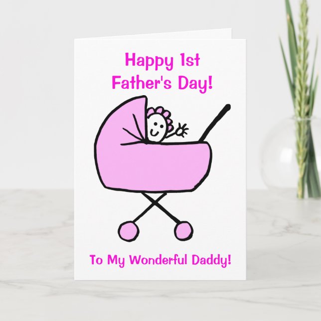 Funny Pink First Fathers Day Daughter Cartoon Card (Front)