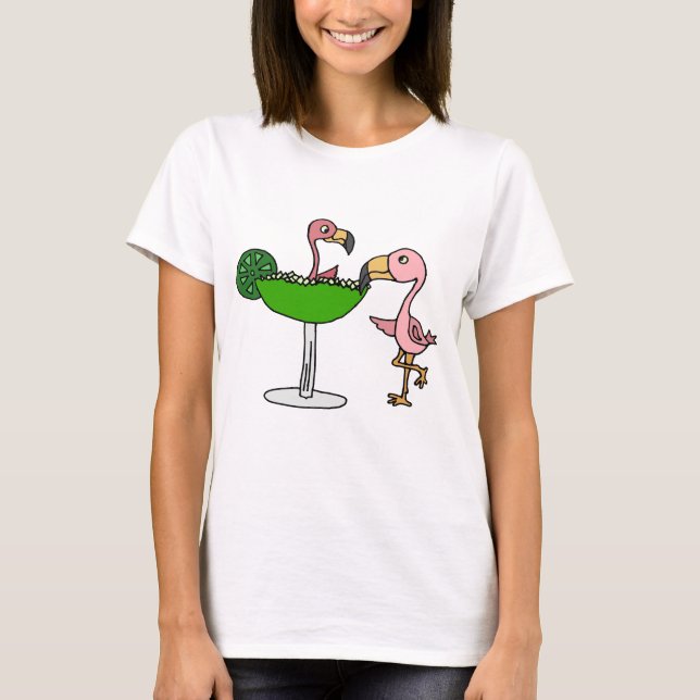 Funny Pink Flamingo and Margarita T-Shirt (Front)
