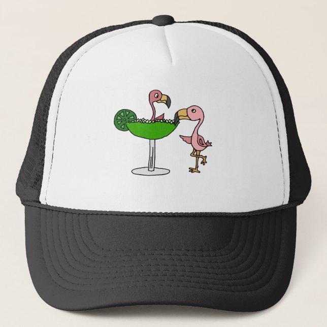 Funny Pink Flamingo and Margarita Trucker Hat (Front)
