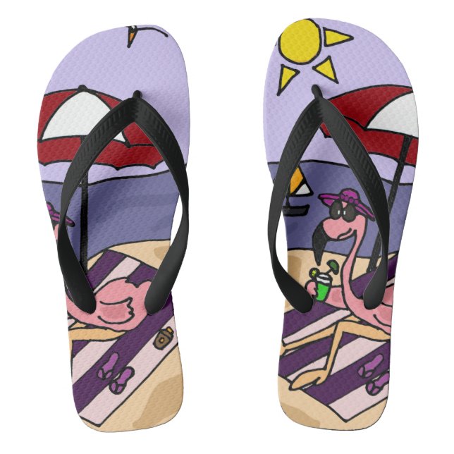 Funny Pink Flamingo at the Beach Flip Flops (Footbed)