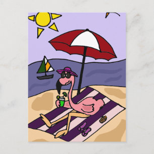 Funny Pink Flamingo at the Beach Postcard