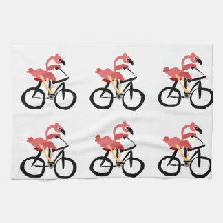 Funny Pink Flamingo Bird on Bicycle Tea Towel
