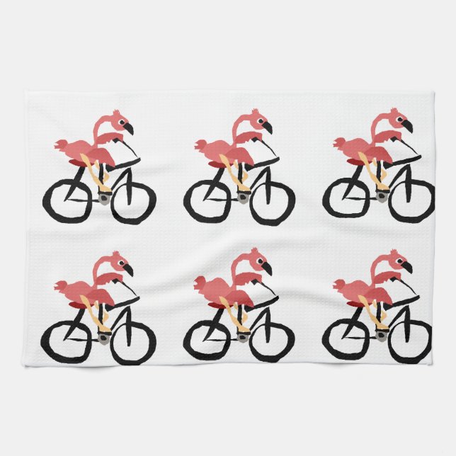 Funny Pink Flamingo Bird on Bicycle Tea Towel (Horizontal)