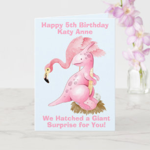 Funny Pink Flamingo Dinosaur 5th Birthday Card