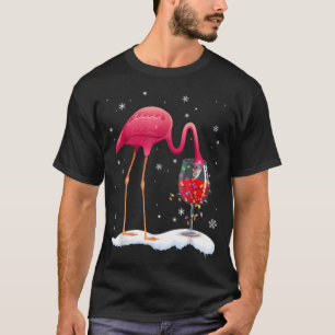 Funny Pink Flamingo Drink Wine On Christmas Xmas G T-Shirt