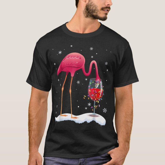 Funny Pink Flamingo Drink Wine On Christmas Xmas G T-Shirt (Front)