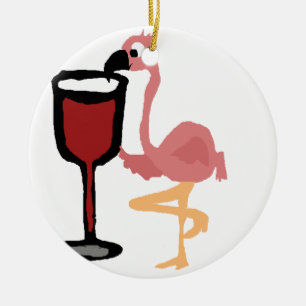 Funny Pink Flamingo Drinking Red Wine Ceramic Tree Decoration