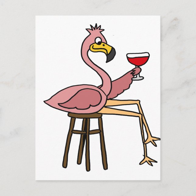 Funny Pink Flamingo Drinking Red Wine Postcard (Front)