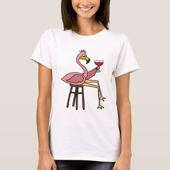 Funny Pink Flamingo Drinking Red Wine T-Shirt (Front)