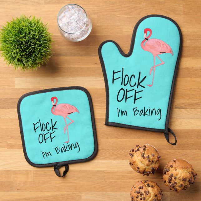Funny Pink Flamingo Flock Off Oven Mitt & Pot Holder Set (Top Down)
