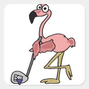 Funny Pink Flamingo Golfing Art Square Sticker