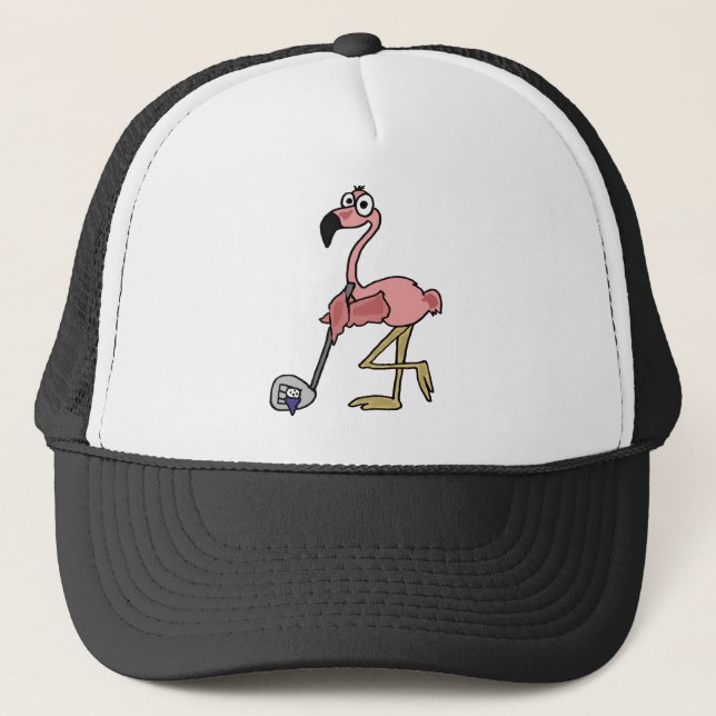 Funny Pink Flamingo Golfing Art Trucker Hat (Front)