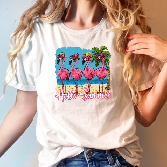 Funny Pink Flamingo Hello Summer T-Shirt (Creator Uploaded)