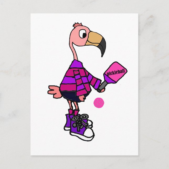 Funny Pink Flamingo Playing Pickleball Cartoon Postcard (Front)
