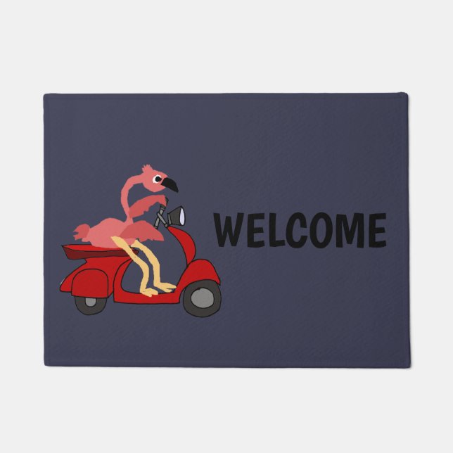 Funny Pink Flamingo Riding Motor Scooter Doormat (Front)