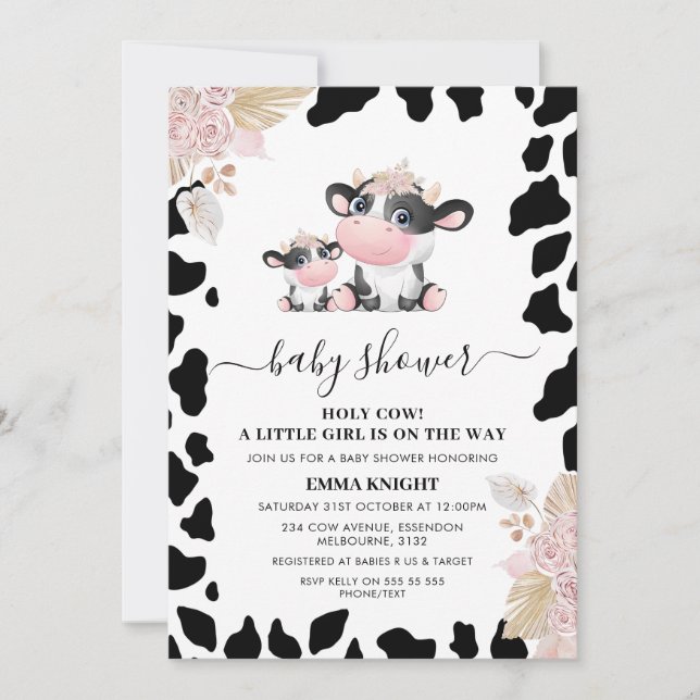Funny Pink Floral Holy Cow Cow Print Baby Shower Invitation (Front)