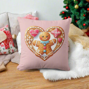 Funny Pink Gingerbread Man Heart Merry Christmas Cushion