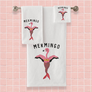 Funny Pink Mermingo Flamingo Mermaid Matching  Bath Towel Set