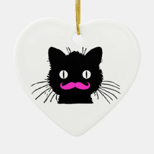 FUNNY PINK MUSTACHE BLACK CAT CERAMIC TREE DECORATION