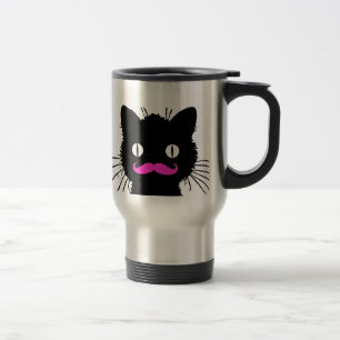 FUNNY PINK MUSTACHE BLACK CAT TRAVEL MUG