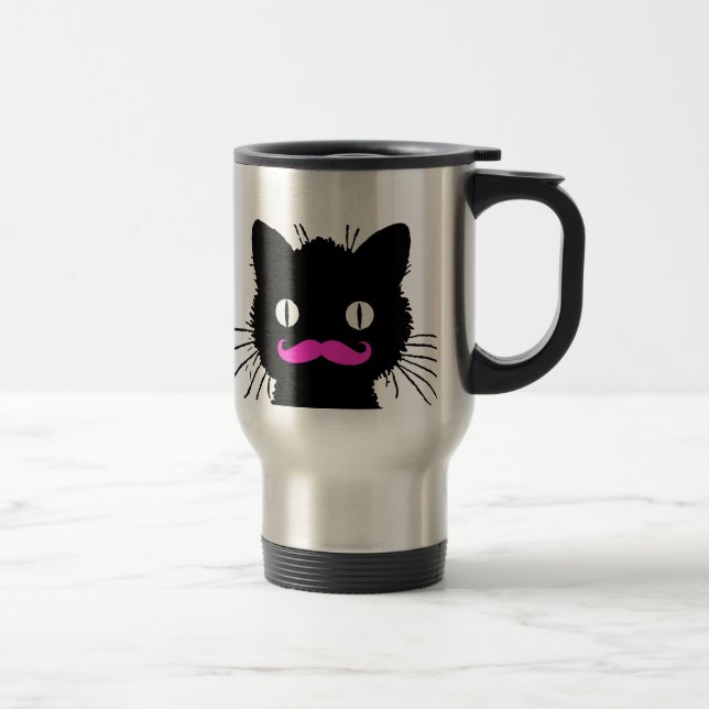 FUNNY PINK MUSTACHE BLACK CAT TRAVEL MUG (Right)
