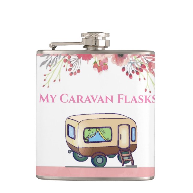 Funny Pink My Caravan Camping Holiday Vinyl Flask (Front)