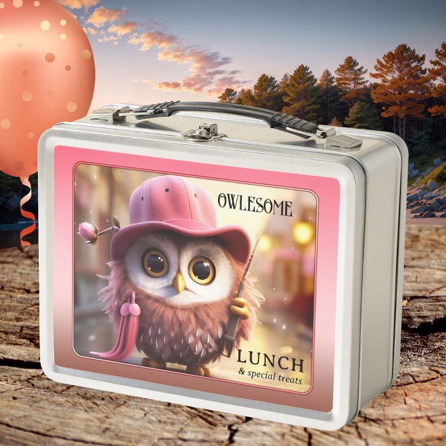 Funny Pink Owl Girly  Metal Lunch Box (Lunch box featuring an illustration of a cute owl framed by girly pink.)