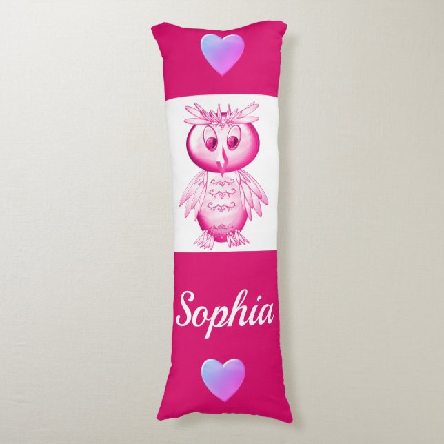 Funny Pink Owl Personalised kids Body Cushion (Front Vertical)