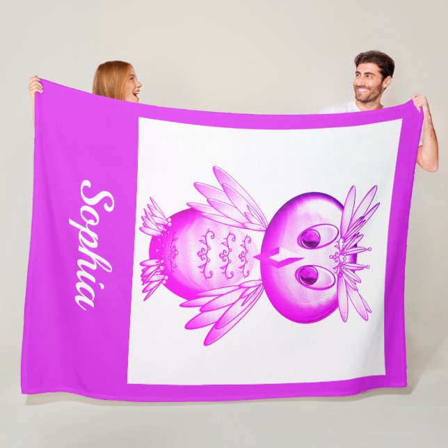 Funny Pink Owl Personalised kids Fleece Blanket (In Situ)