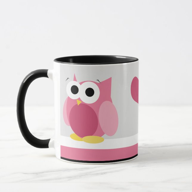 Funny Pink Owl with Hearts - mug (Left)